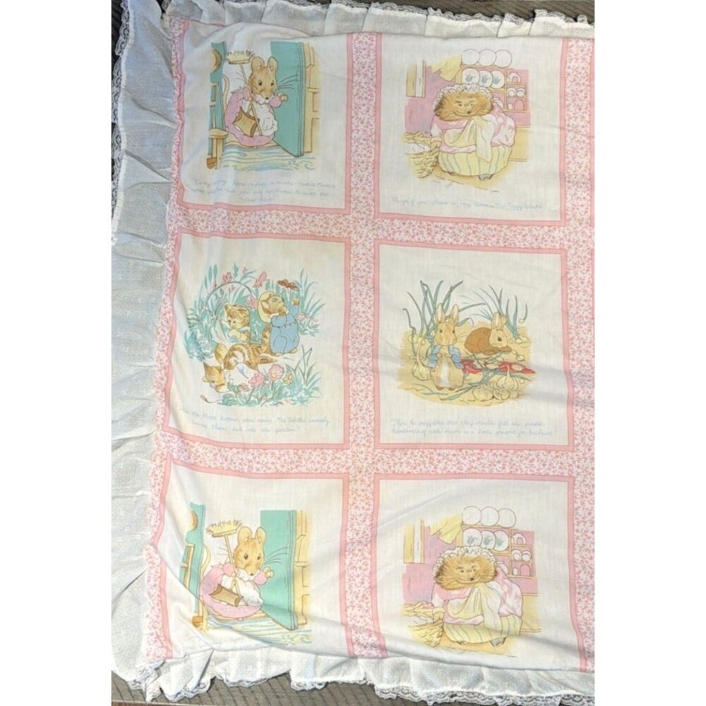 Vtg Peter Rabbit Baby Crib Blanket FREDERICK WARNE quilt pink COTTON panel B Pot - Picture 3 of 9